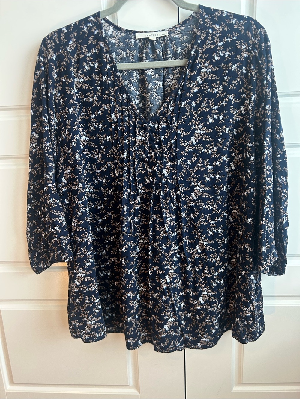 fun 2 fun Navy Floral V-Neck Tunic with Pleated Front